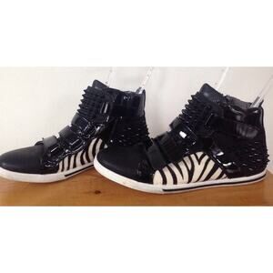 Aldo Black Studded Zebra Stripe Furry Patent Leather High Top Sneakers 8 41